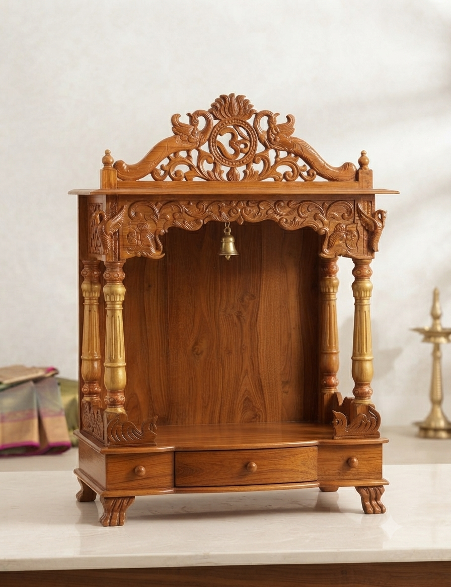 Teak Wood Om Carved Mandir with Brass Bell