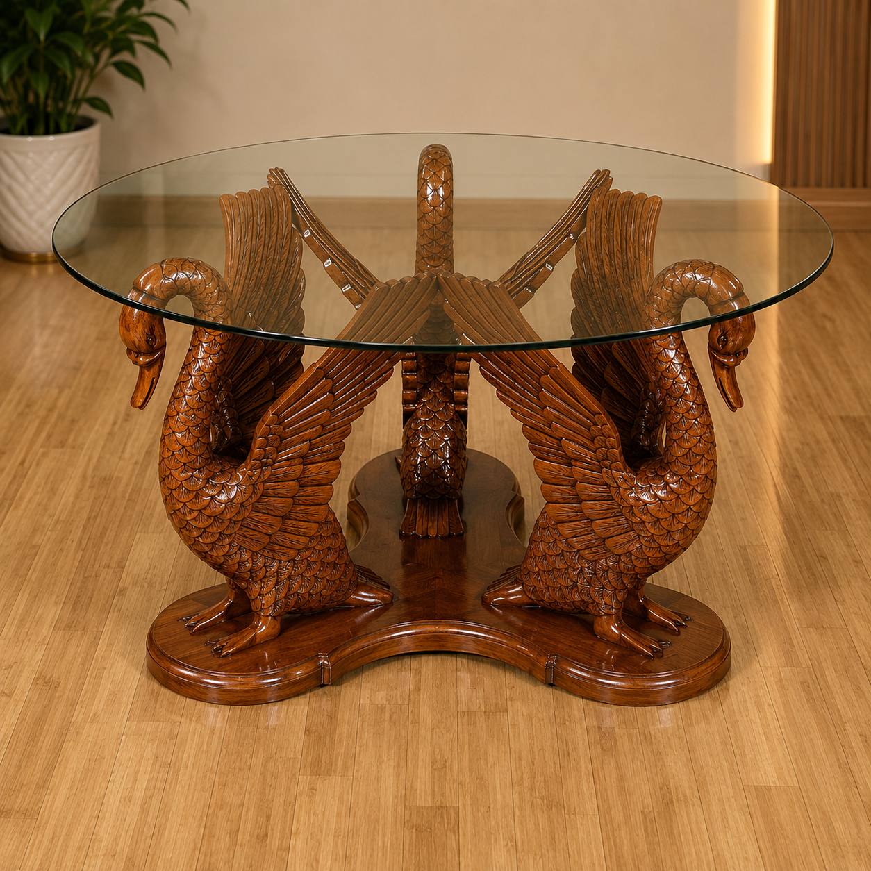 Triple Swan Round Glass Centre Table — Sheesham