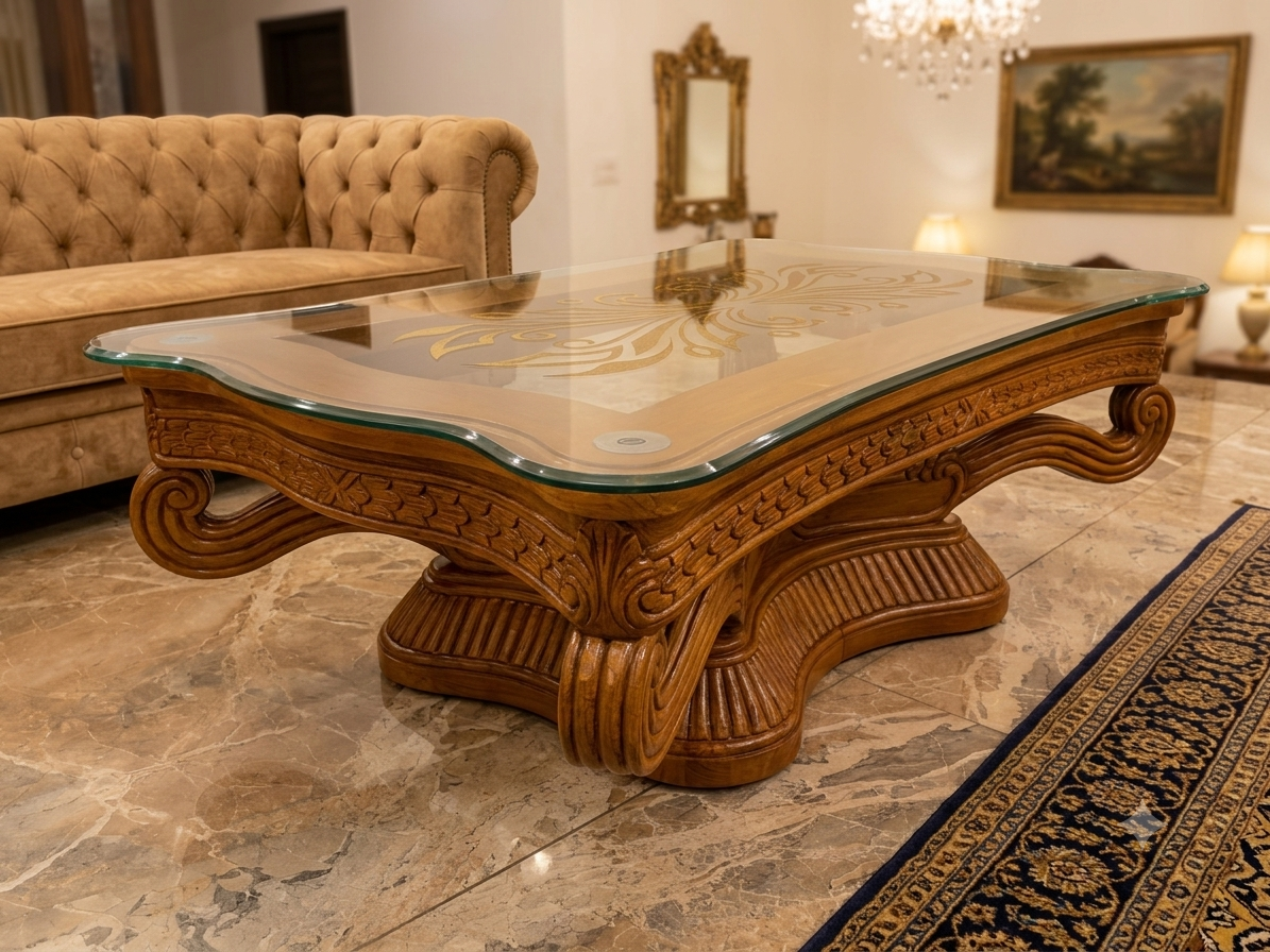Dark Wood Centre Table — Framed Glass Top with Bottom Shelf