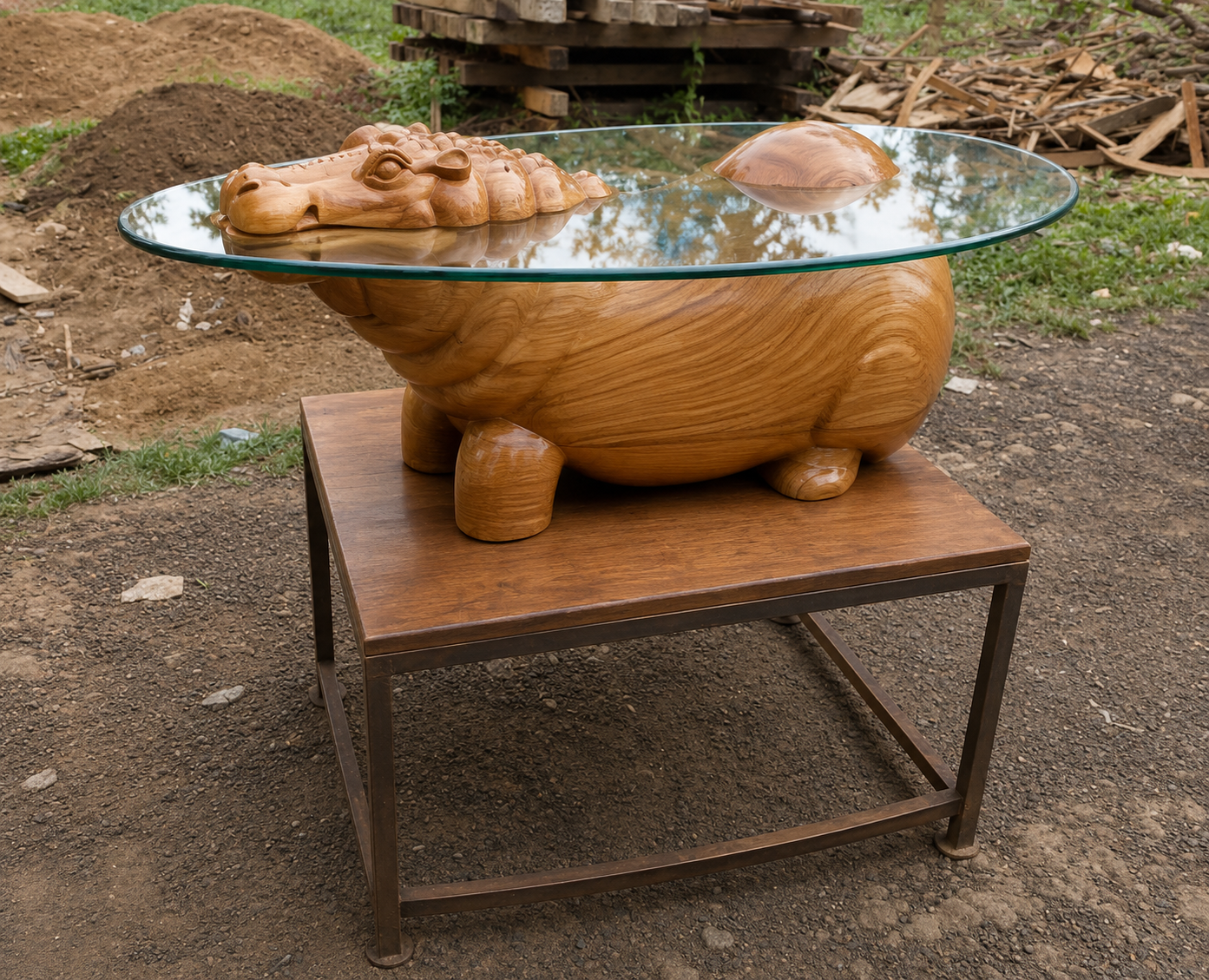 Dark Swan Carved Centre Table — Solid Top with Swan Column Legs