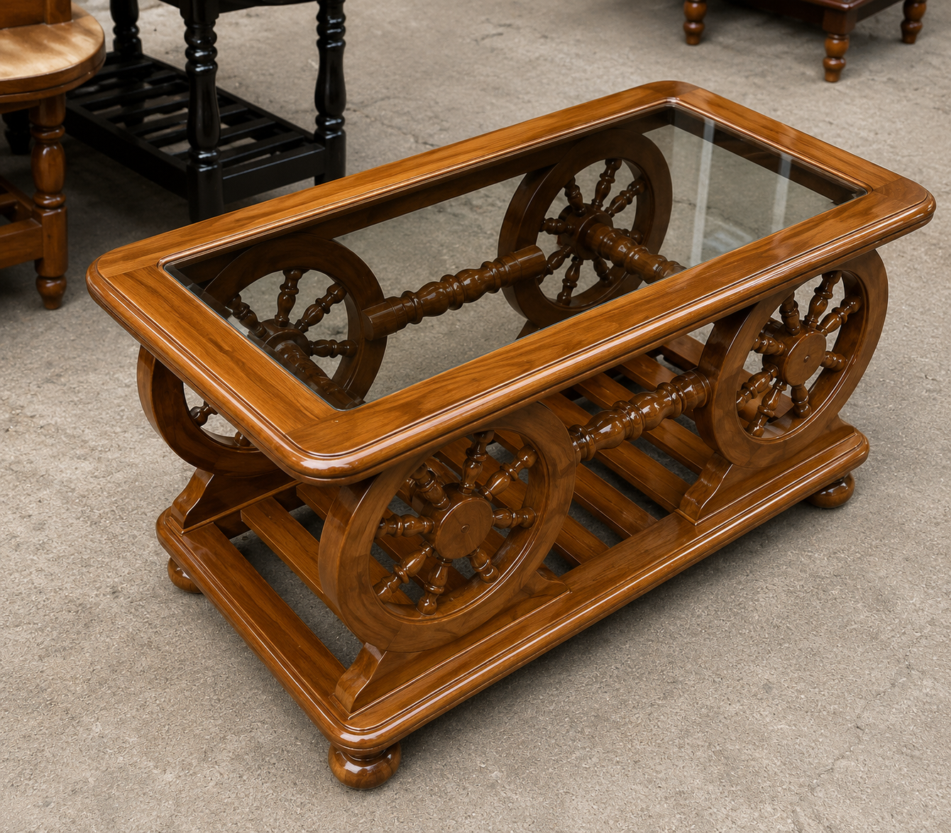 Bullock Cart Centre Table — Full-Size with Glass Top & Figurines