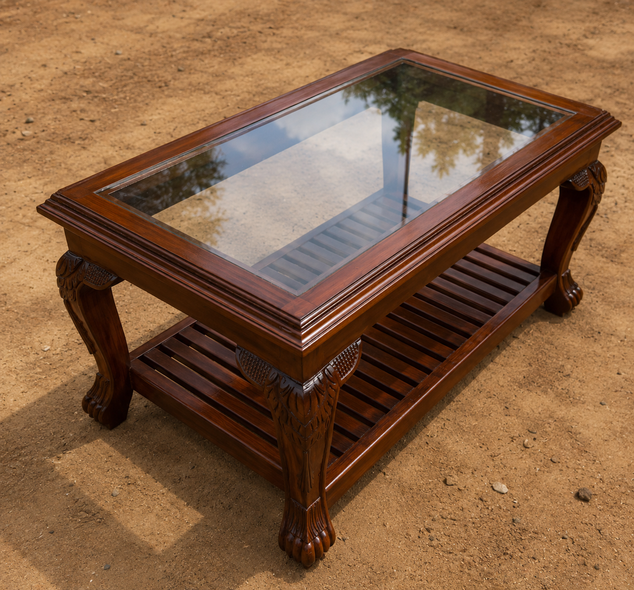 Compact Bullock Cart Table — Dark Sheesham with Smoked Glass