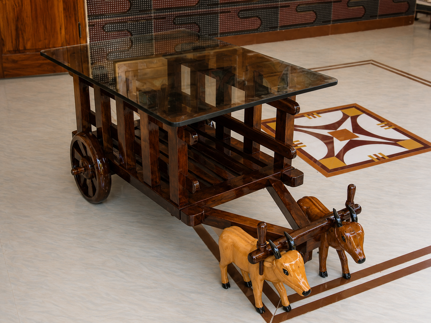 Wheel-Motif Centre Table — Teak with Glass Top & Bun Feet
