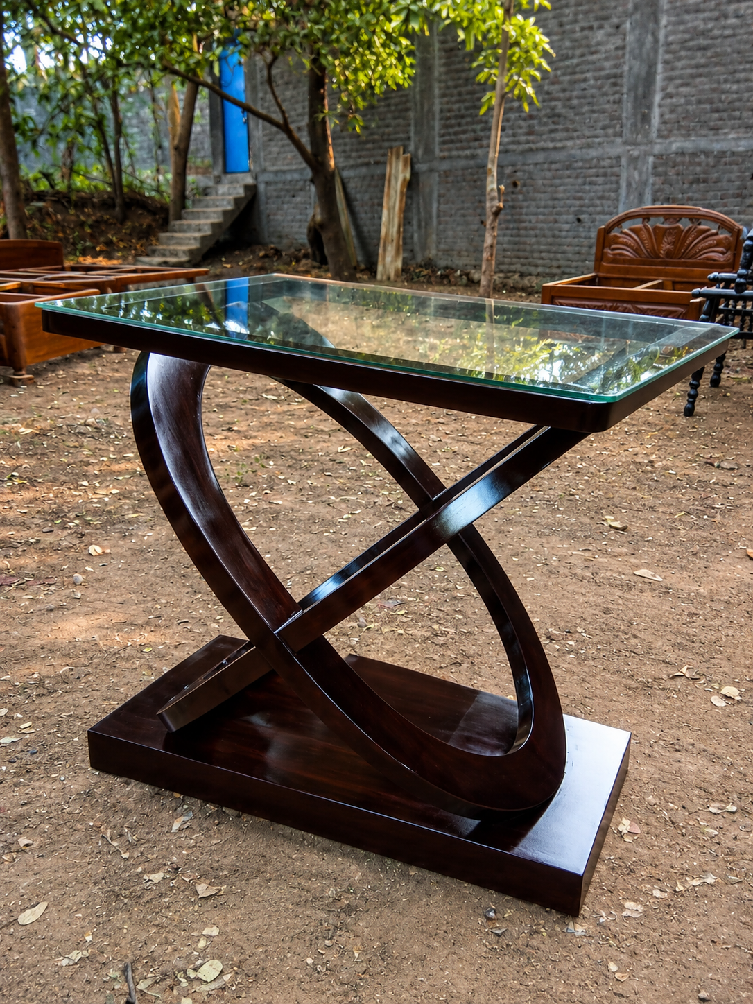 Modern Dark Wood Centre Table — Glass Top with Hidden Drawer