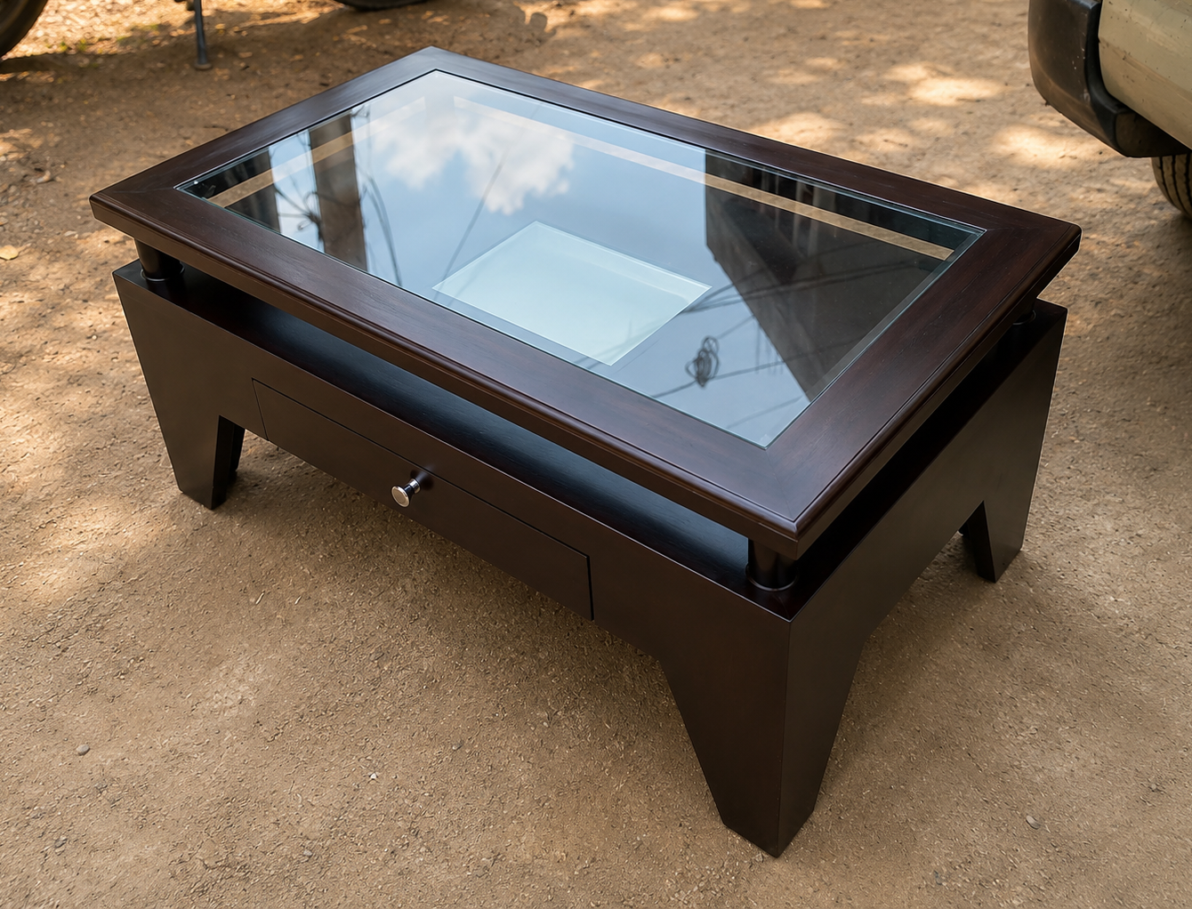 X-Frame Dark Centre Table — Glass Top with Criss-Cross Base