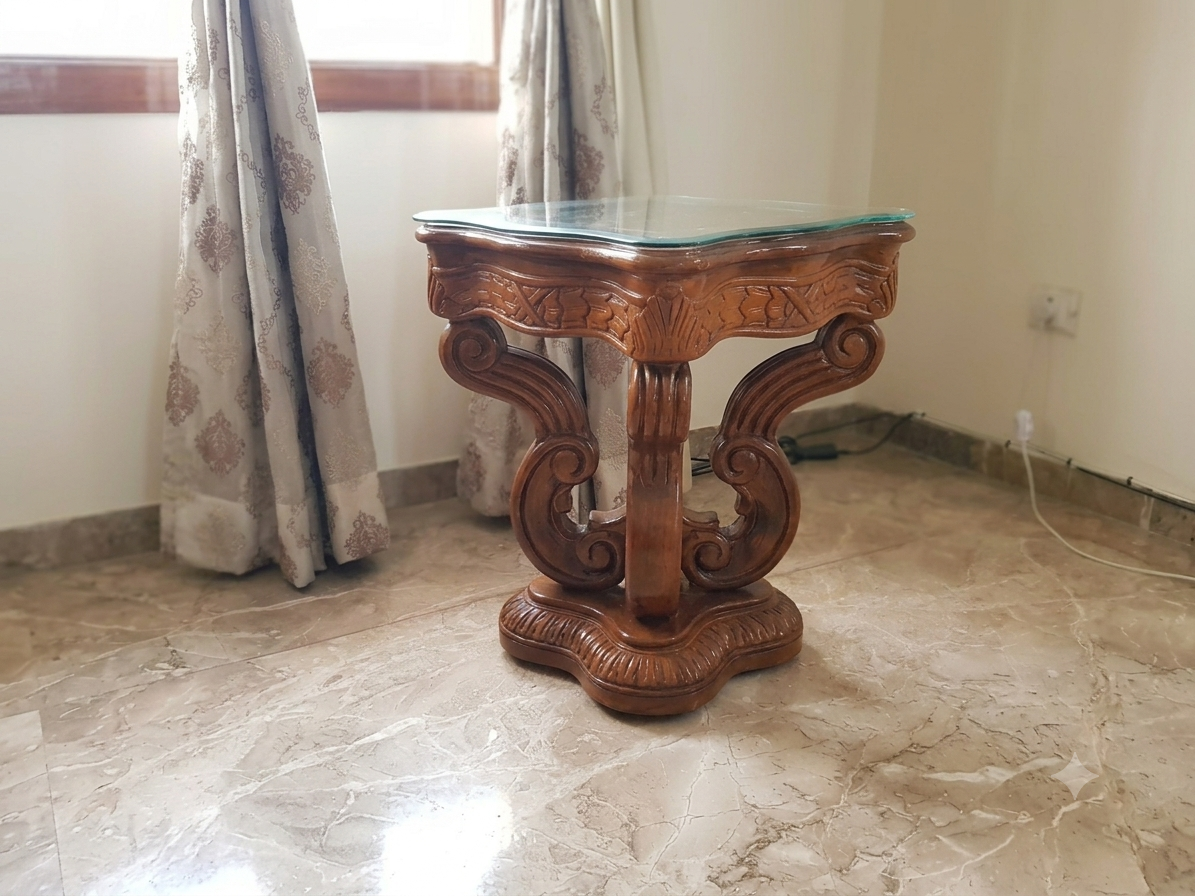 Art Deco Horseshoe Base Centre Table — Sheesham with Black Glass