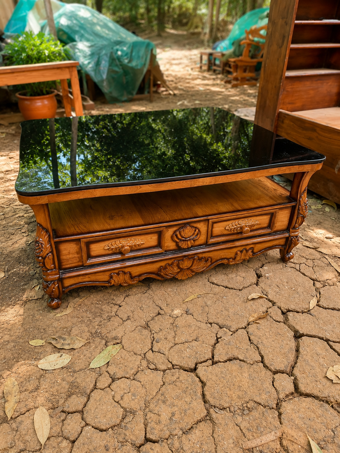 Crocodile Sculpture Centre Table — Teak with Round Glass