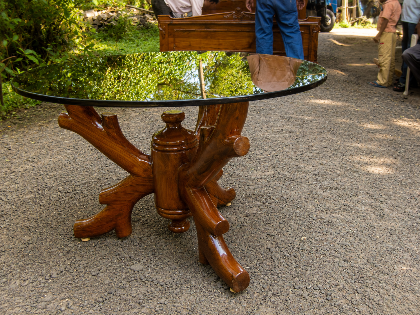 Carved Floral Apron Centre Table — 3-Drawer with Black Glass