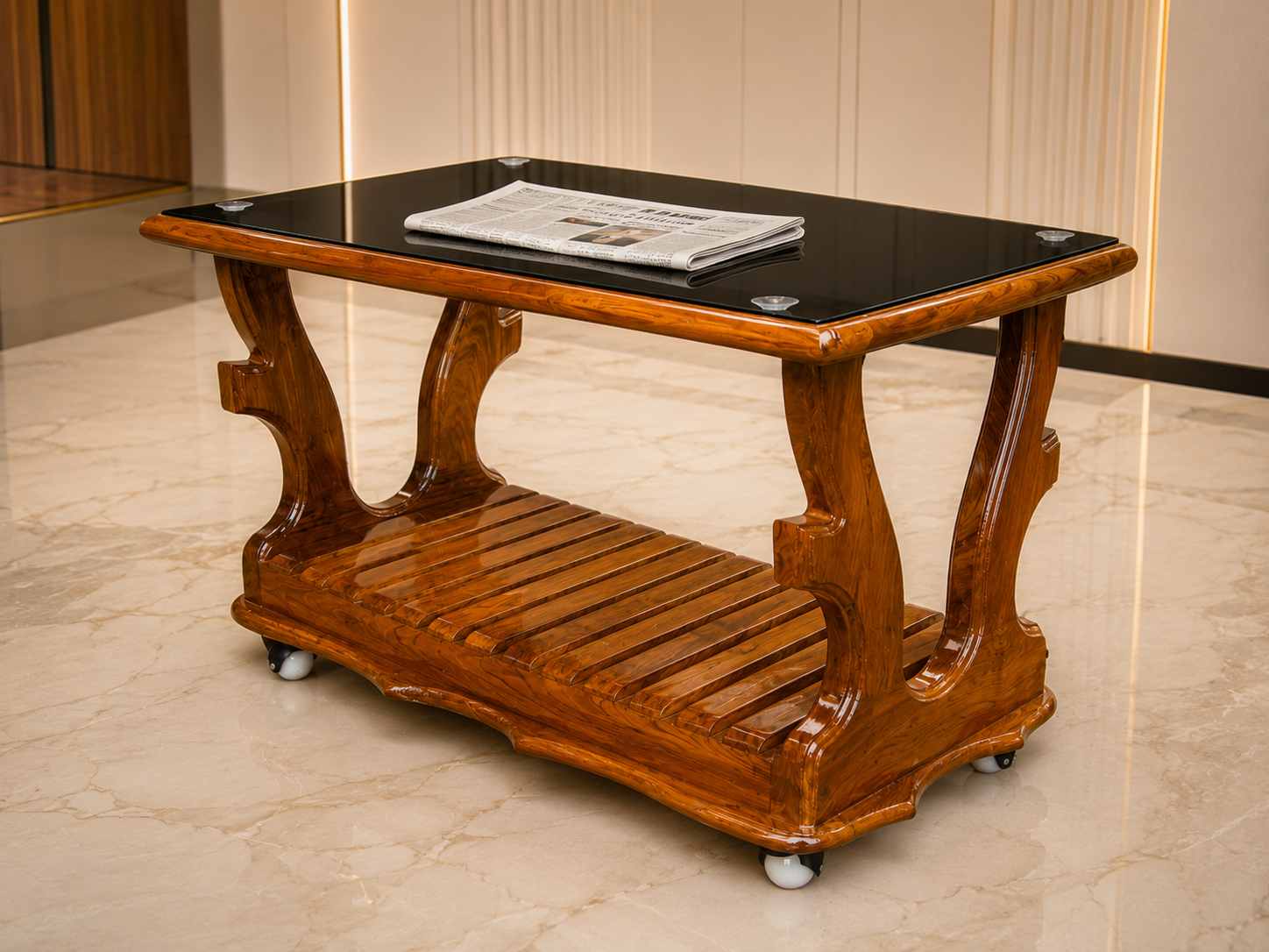 Tree Trunk Base Centre Table — Natural Teak with Round Smoked Glass