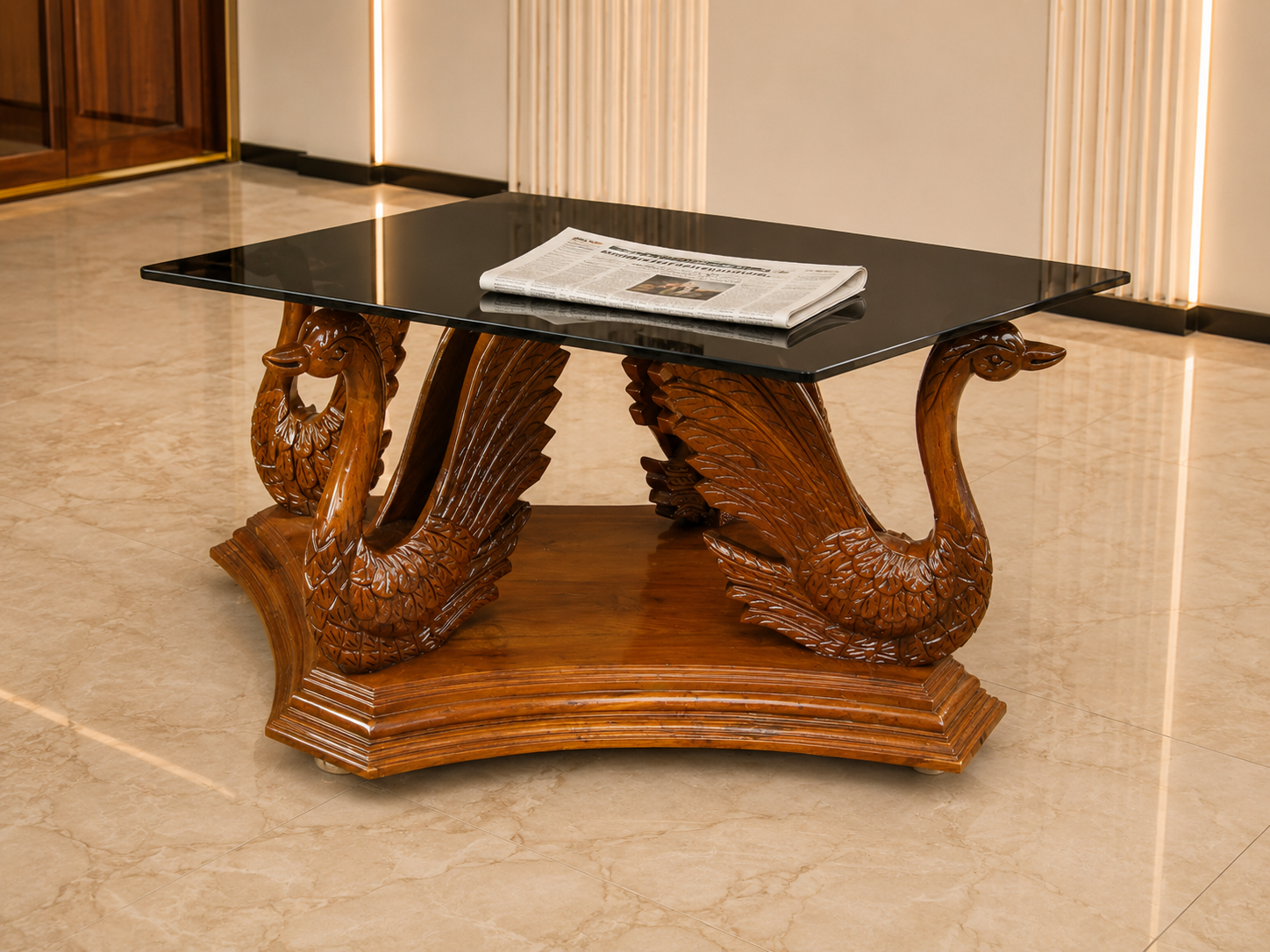 Bullock Cart Heritage Table — Teak with Decorated Bulls & Glass
