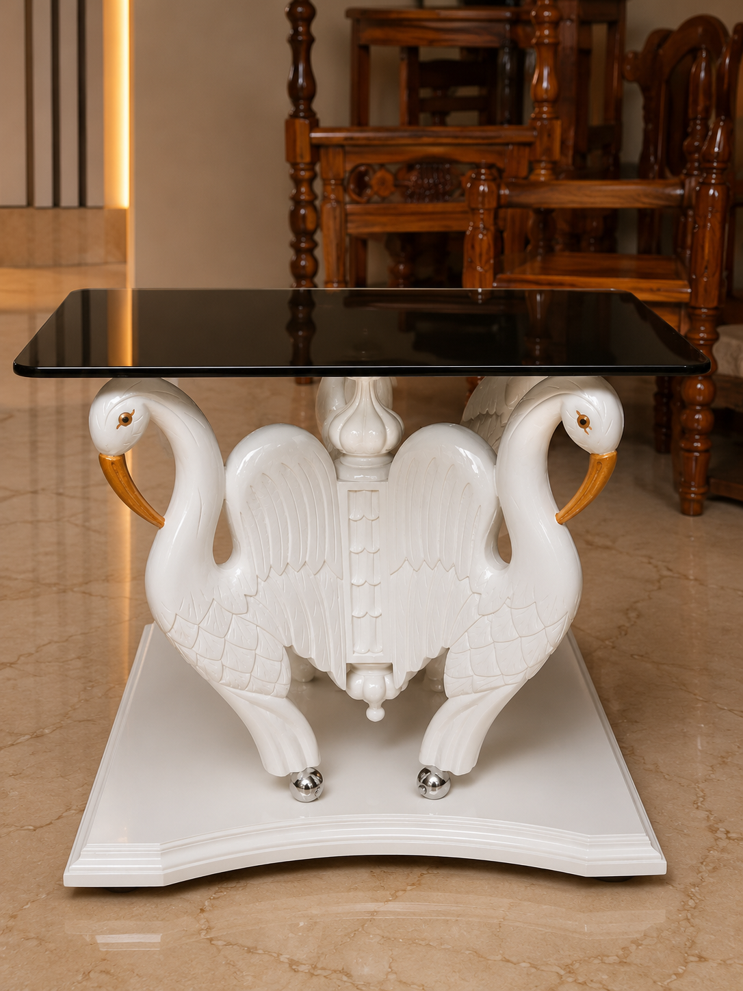 Elephant Head Centre Table — Solid Teak with Ivory Tusks