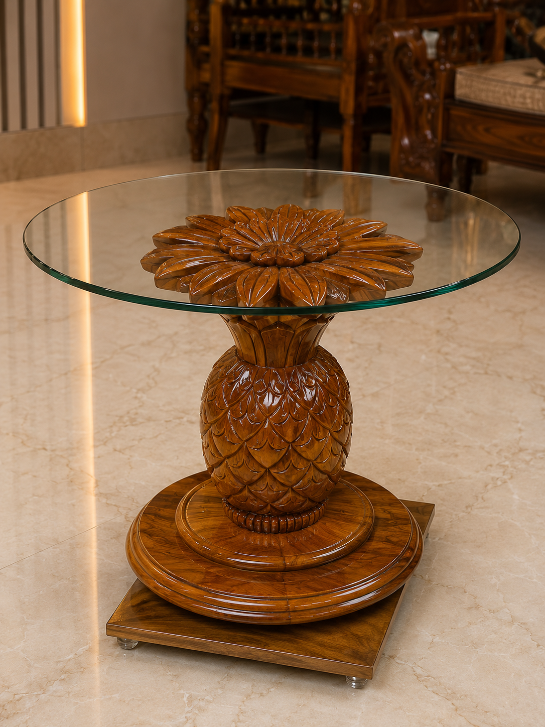 Pineapple Pedestal Round Glass Centre Table — Teak
