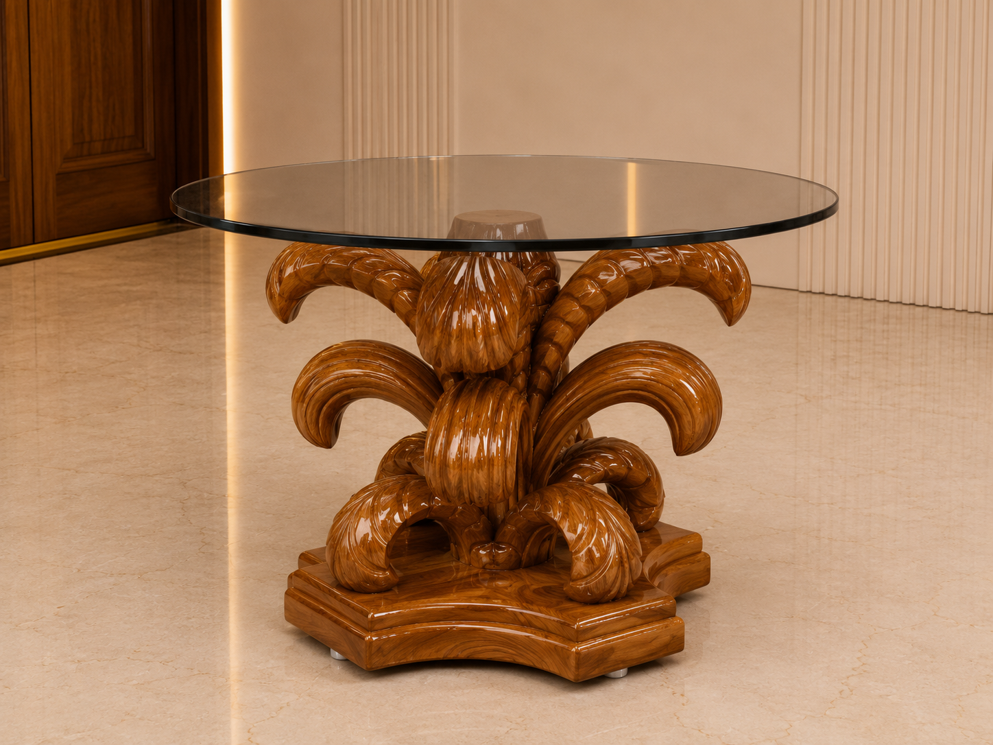 Fleur-de-Lis Carved Pedestal Centre Table — Round Smoked Glass