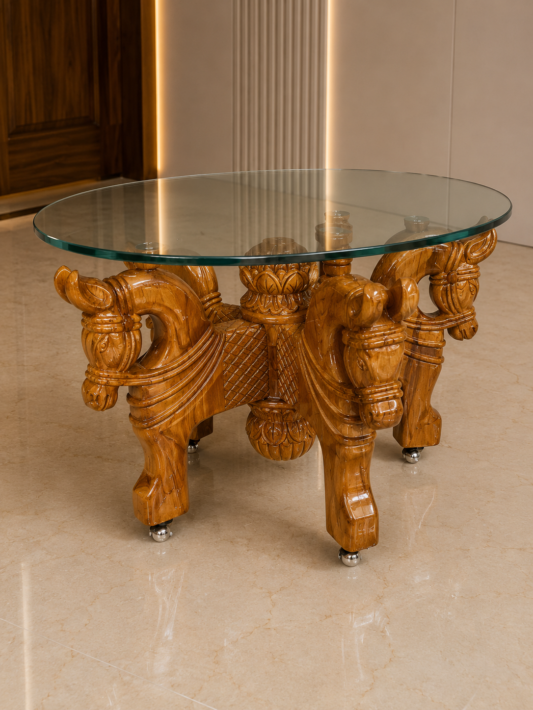 Oval Glass Top Centre Table — Carved Cabriole Legs