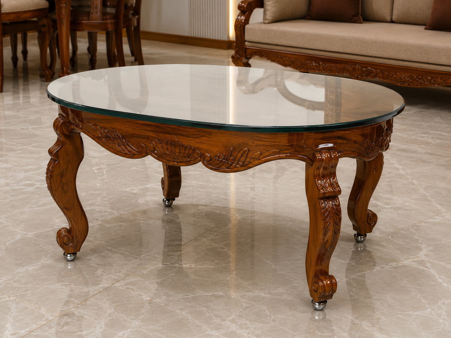 Swan Quartet Centre Table — Black Glass Top with Teak Swans