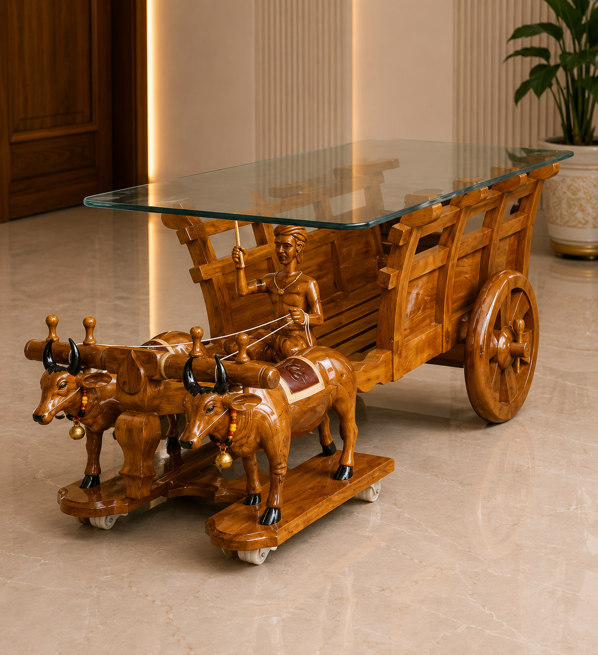 Royal Inlay Centre Table — Carved Scroll Base with Glass & Gold Motif