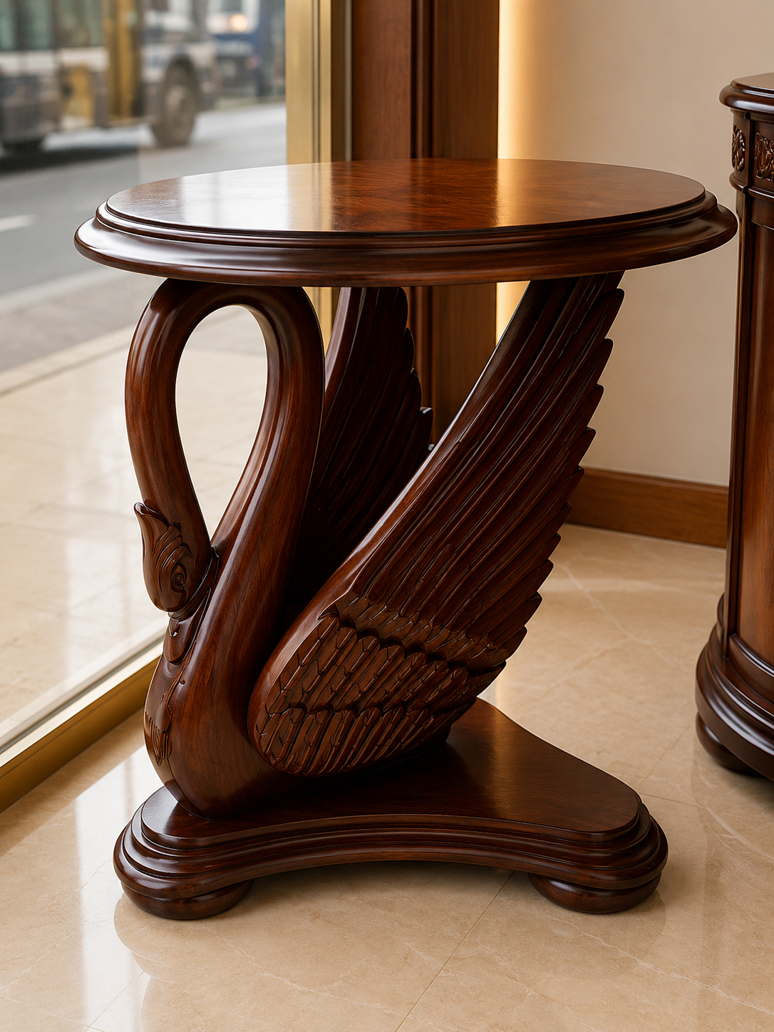 Single Swan Side Table — Dark Rosewood with Round Solid Top