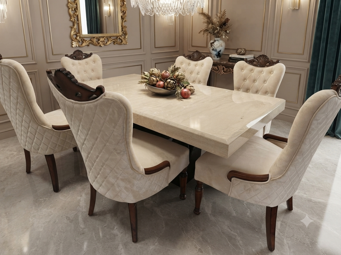 6-Seater Teak Dining Set — Cabriole Legs with Beige Button-Back Chairs