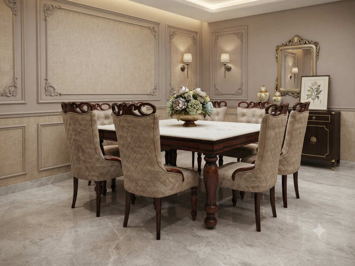 6-Seater Contemporary Glass-Top Dining Set — Two-Tone High-Back Chairs