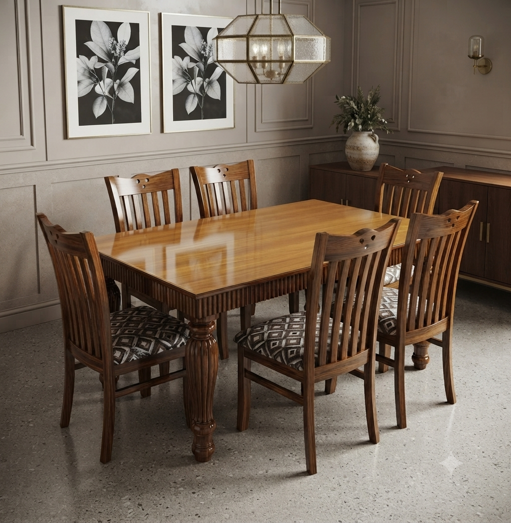 8-Seater Grand Marble-Top Dining Set — Carved Turned Legs with Velvet Chairs
