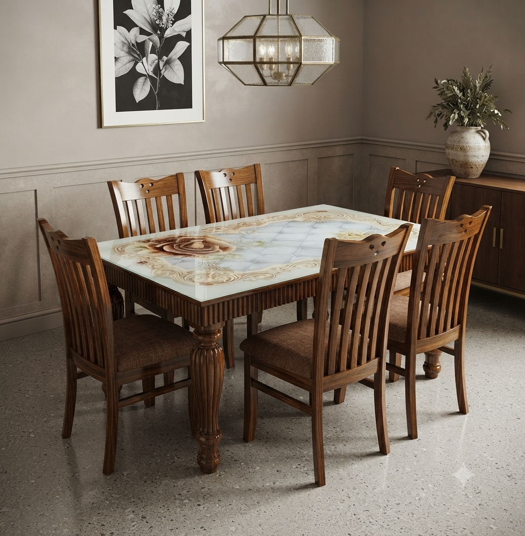 6-Seater Classic Ivory-Top Dining Set — Dark Rosewood with Fan-Back Chairs