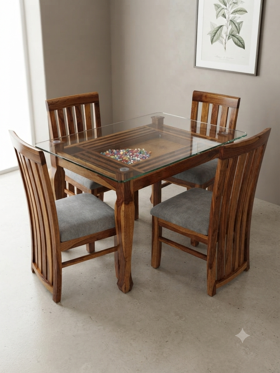 6-Seater Sheesham Dining Set — Glass Top with Geometric Inlay & Slatted Chairs
