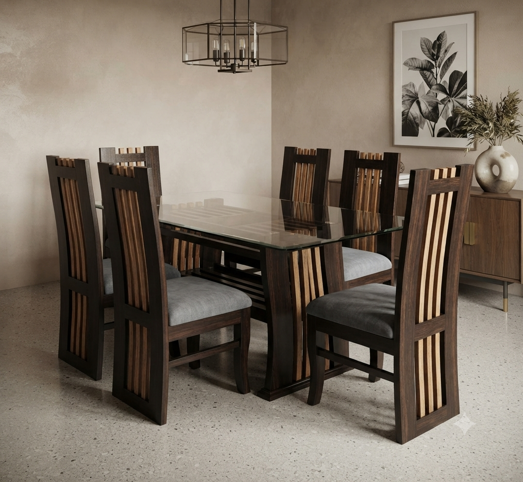 4-Seater Compact Sheesham Dining Set — Glass Inlay Top with Grey Chairs