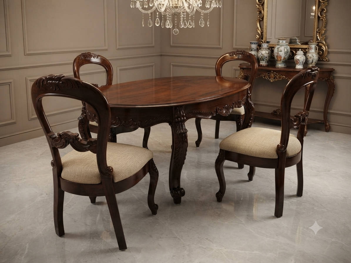 4-Seater Natural Live Edge Dining Set — Resin River with Tree-Motif Chairs
