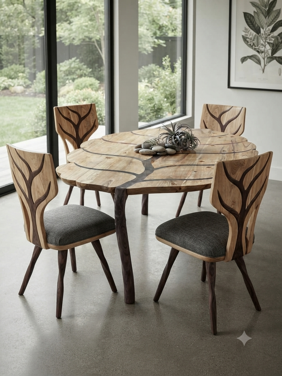 6-Seater Classic Teak Dining Set — Ribbed Legs with Patterned Cushion Chairs
