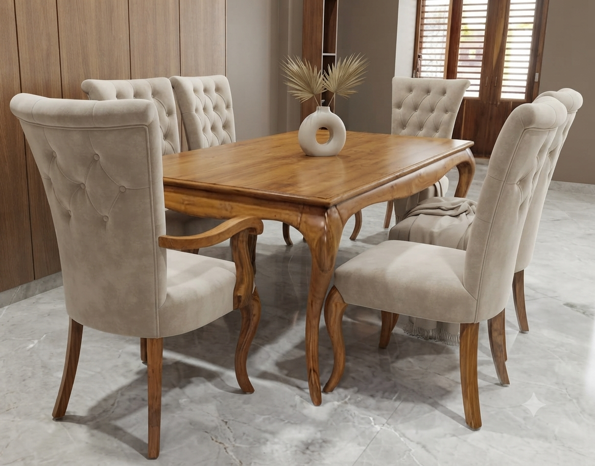 6-Seater Teak Dining Set — Floral Glass Print Top with Slatted Chairs