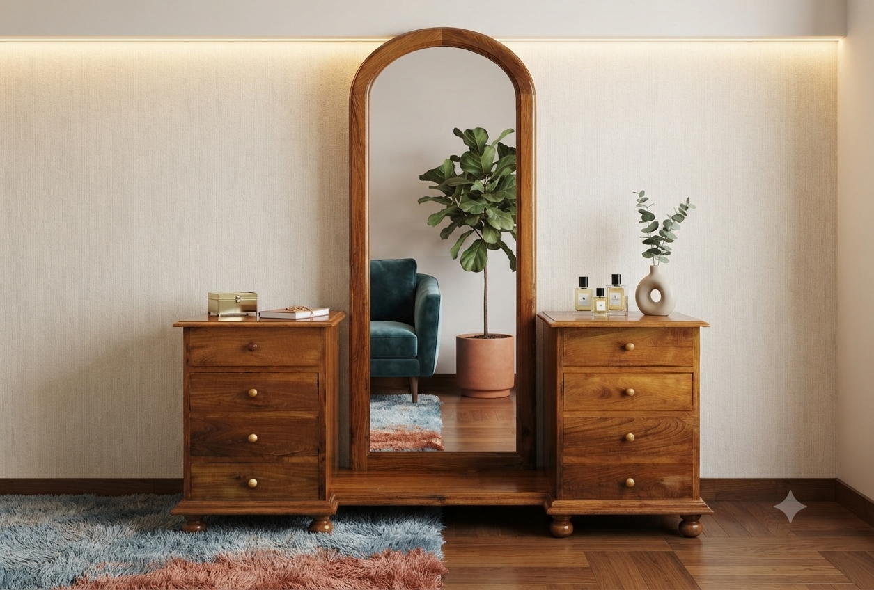 Minimalist Teak Dressing Table with Frameless Mirror