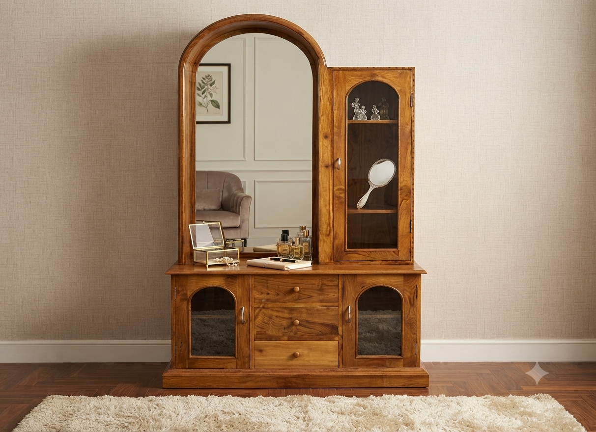 Teak Dressing Table with Square Mirror and Brass Knobs