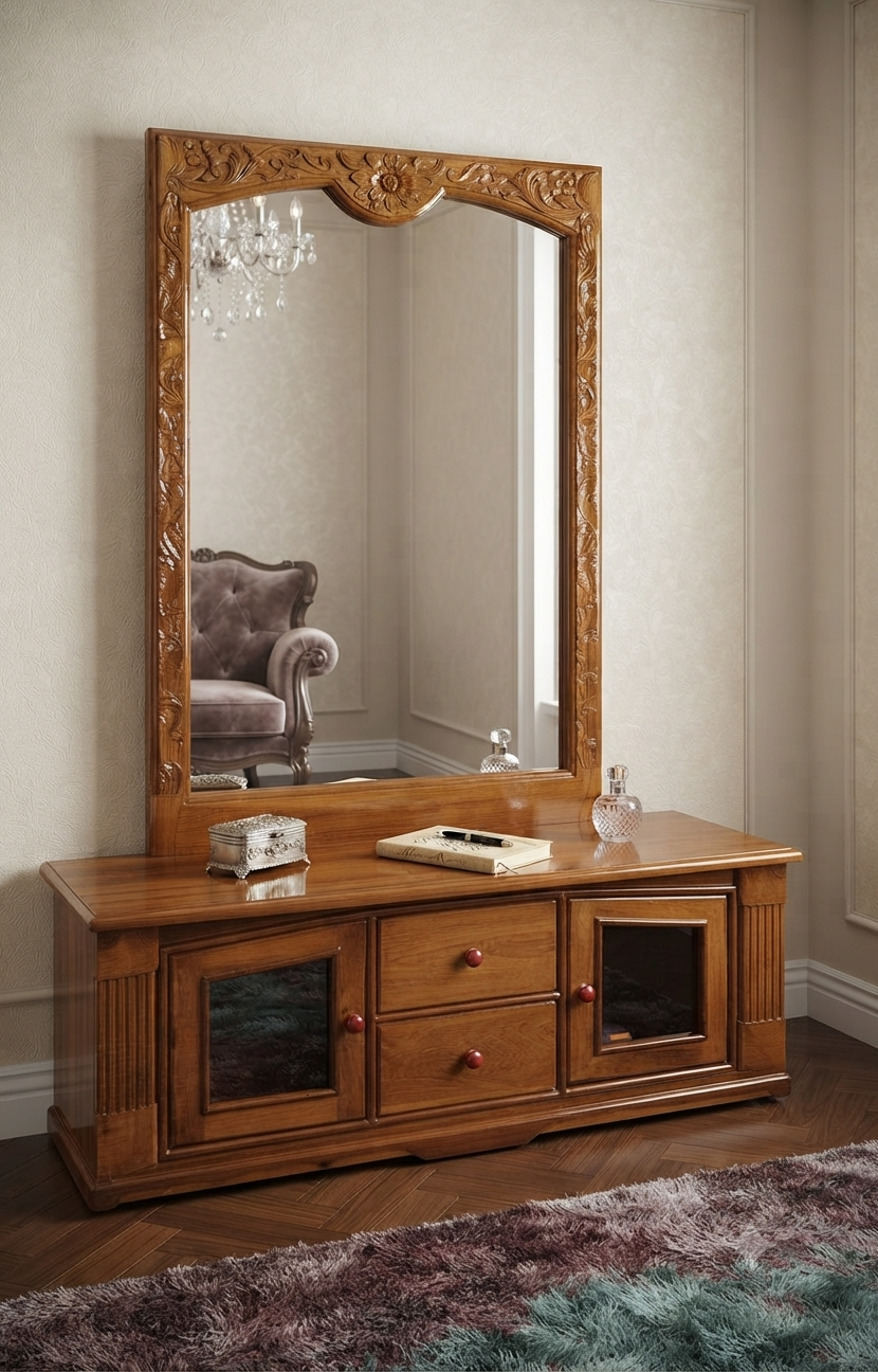 White Finish Dressing Table with Oval Mirror and 6 Drawers
