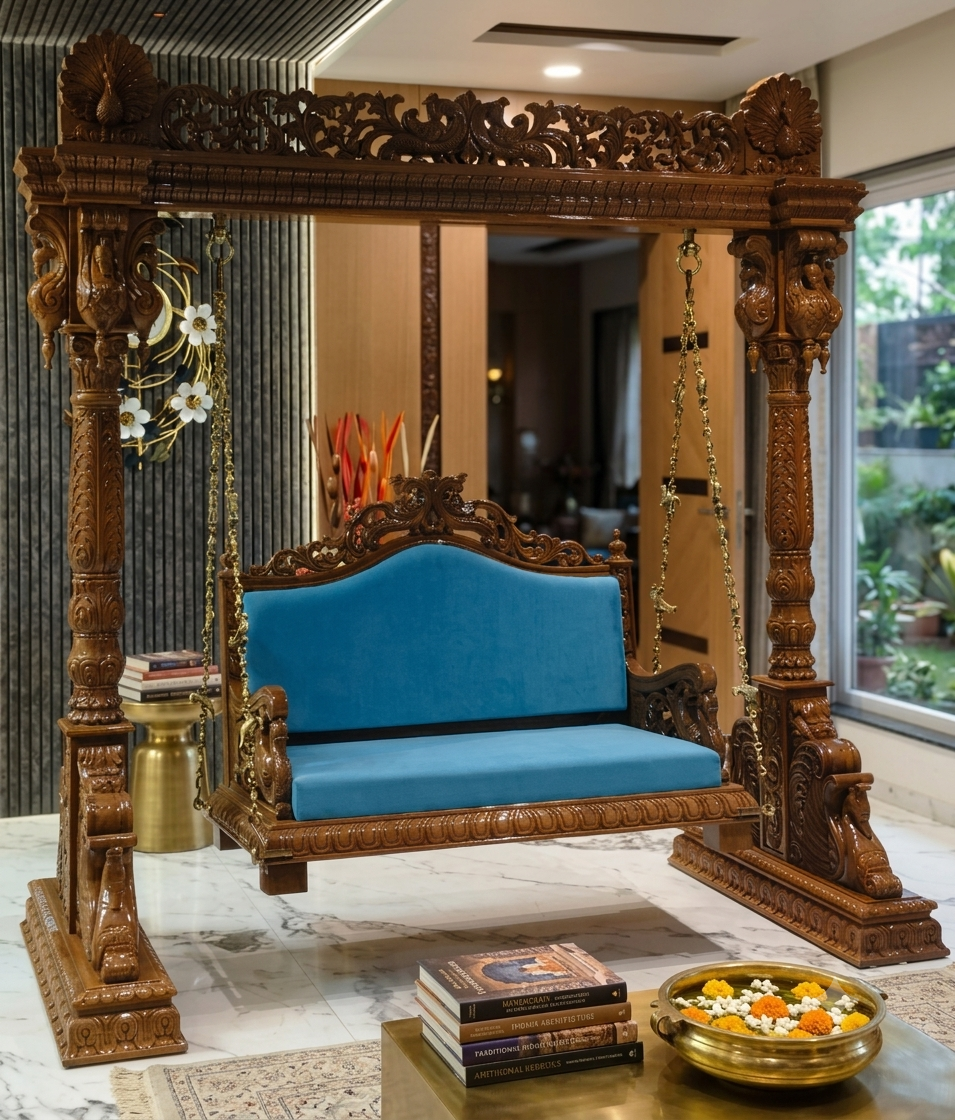 Royal Carved Indoor Jhula — Sheesham with Teal Cushion