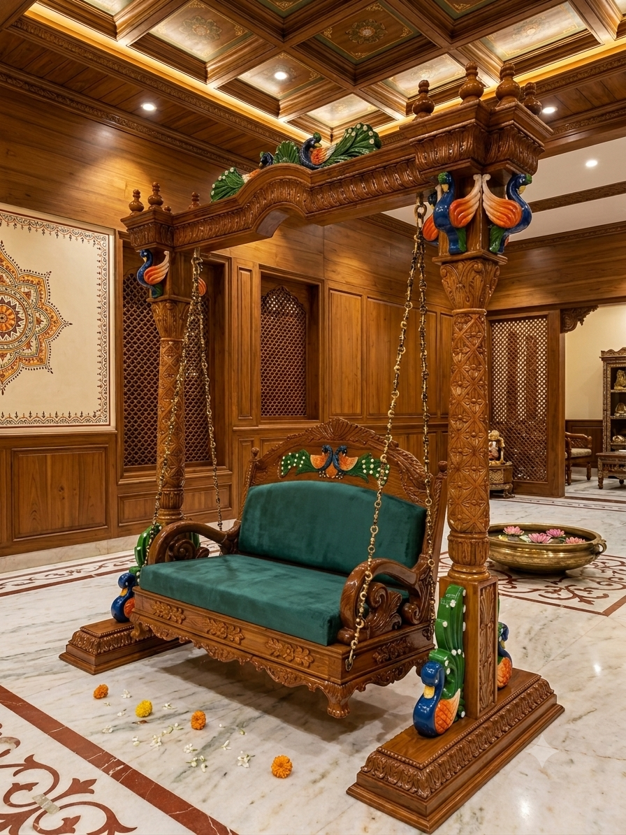 Temple-Style Grand Indoor Swing — Teak with Cream Cushion