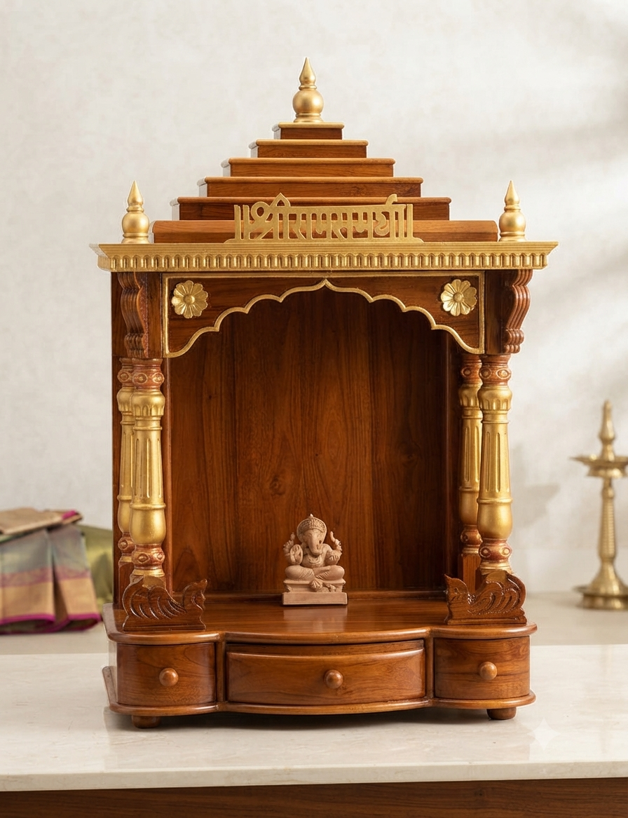 Shri Ram Sheesham Wood Mandir with Gold Accents