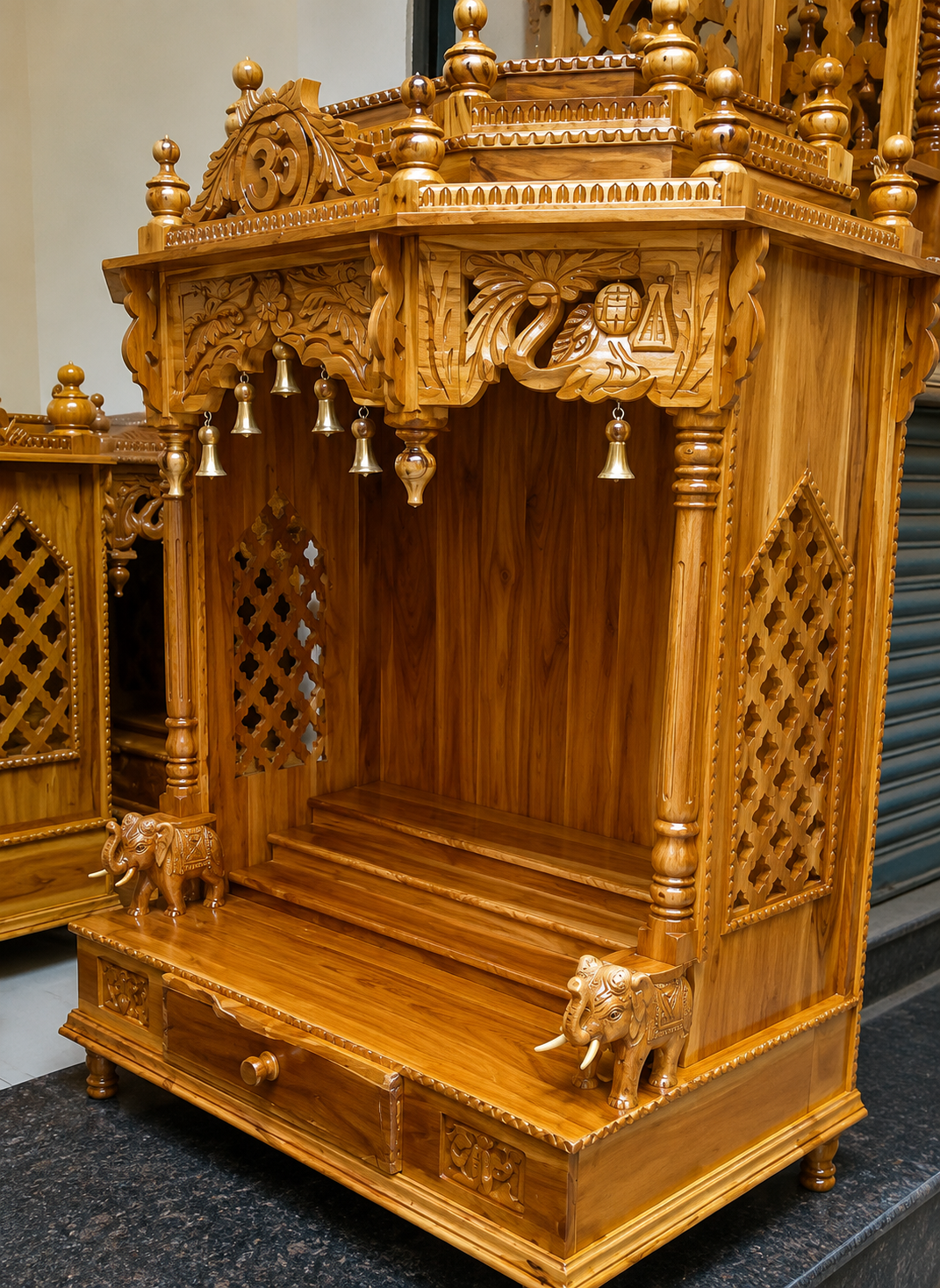 Palace-Style Teak Mandir with Red Velvet Interior