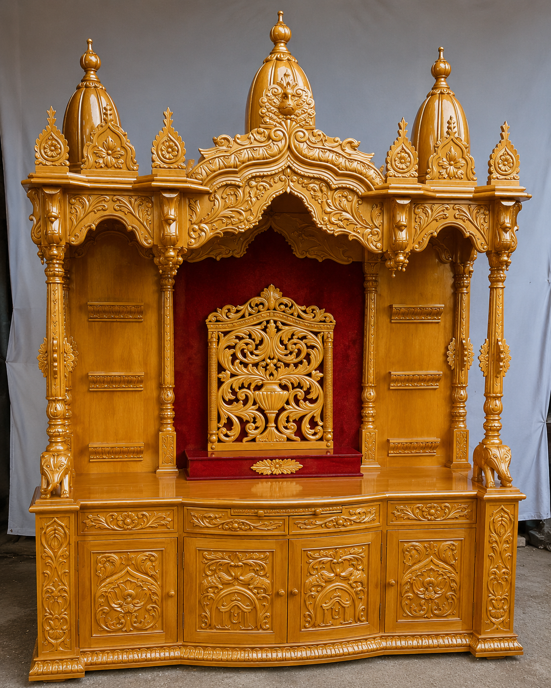 Teak Lattice Mandir with Swastik Crest & Balusters