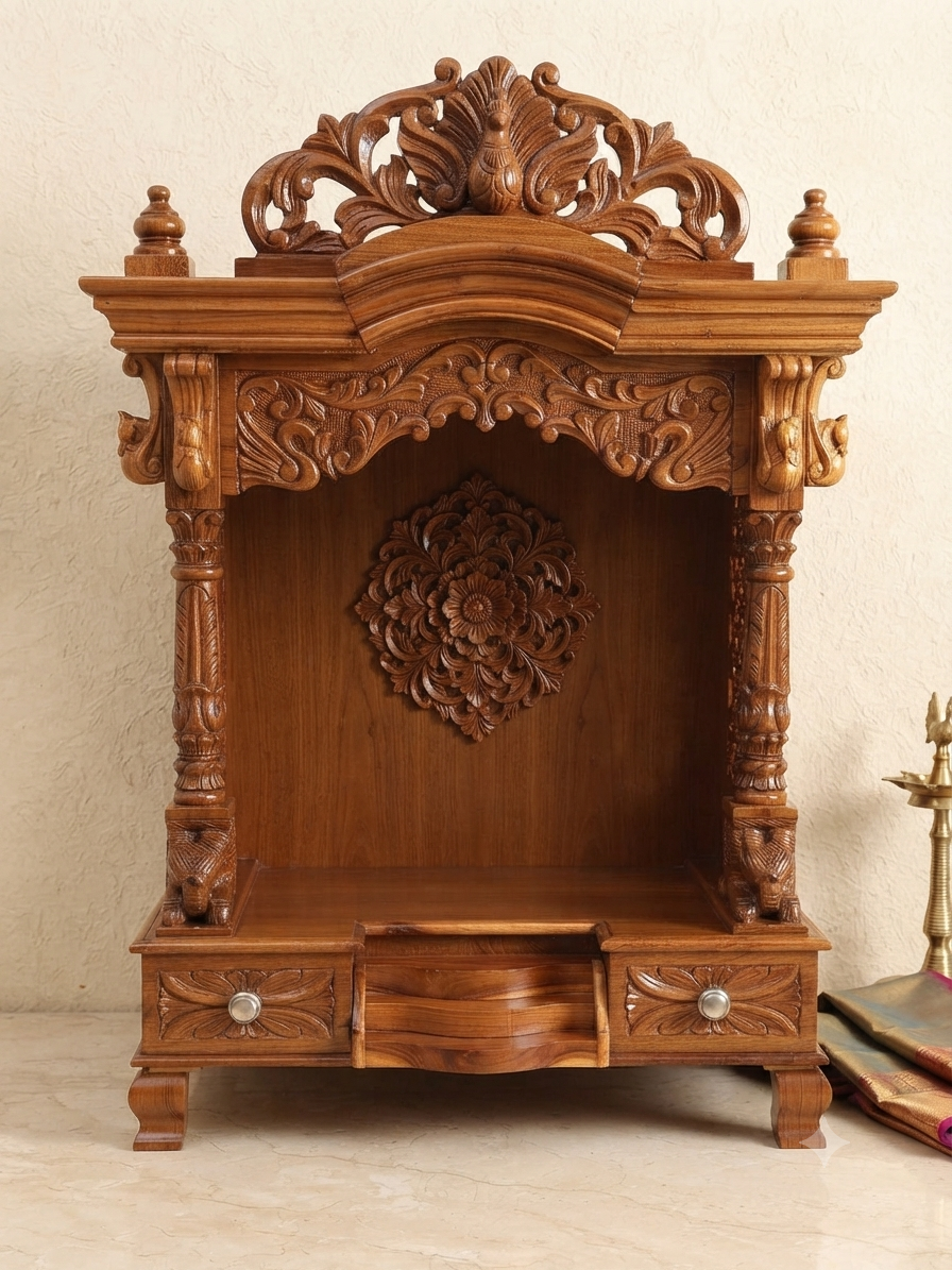 Teak Open Arch Mandir with Phoenix Crest