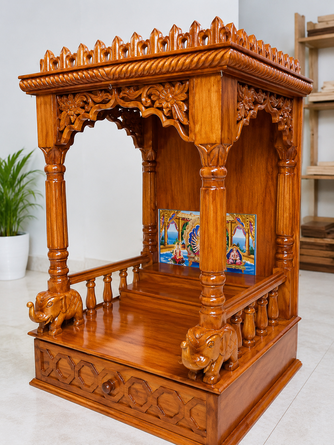 Premium Teak Peacock Mandir with Floral Back Panel